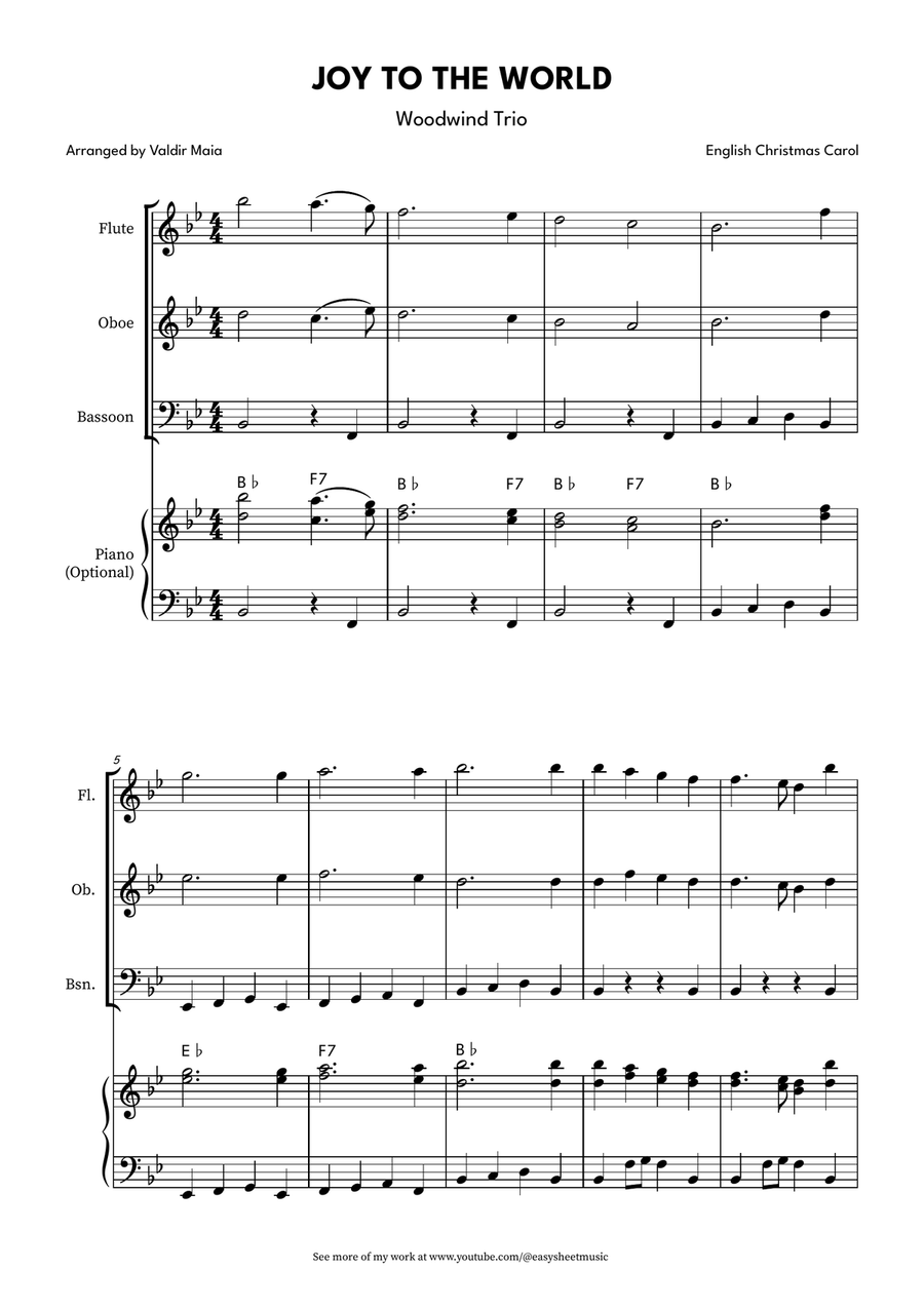 Joy to the World for Woodwind Trio – Flute, Oboe, and Bassoon with Optional Piano Accompaniment Woodwind Trio scores gallery preview page 1