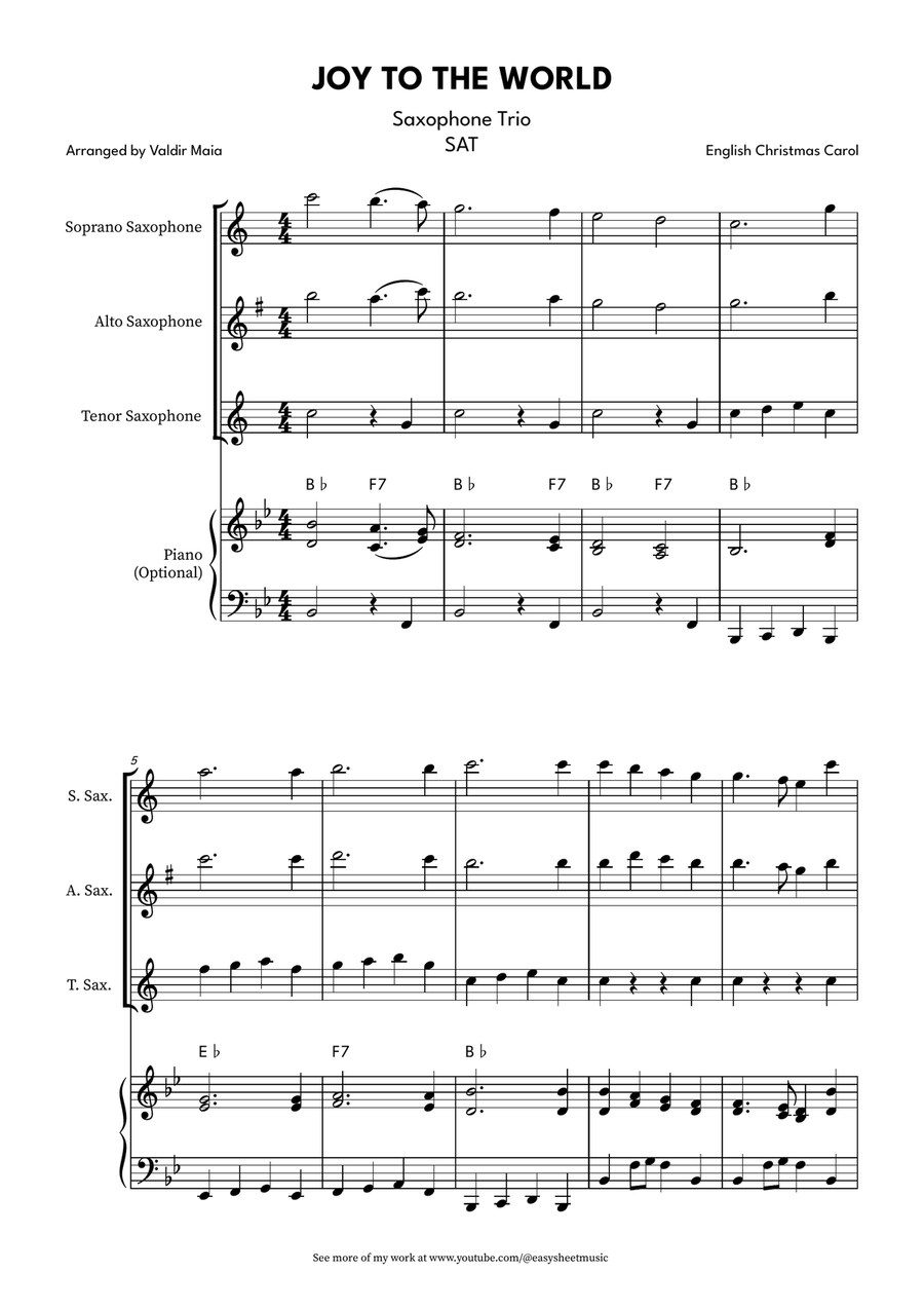 Joy to the World for Saxophone Trio – Soprano, Alto, and Tenor with Optional Piano Accompaniment Woodwind Trio scores gallery preview page 1