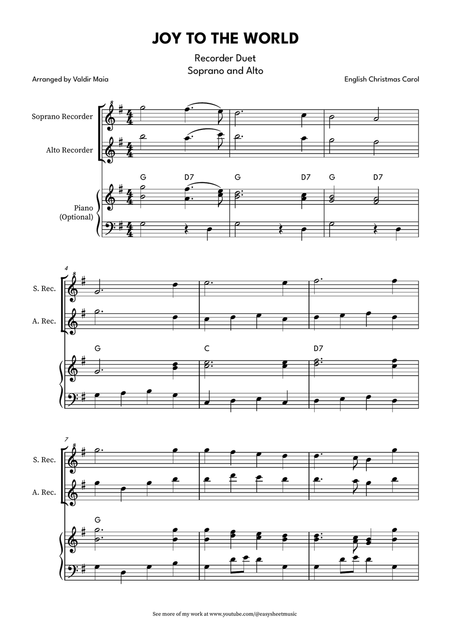 Joy to the World for Soprano and Alto Recorder Duet with Optional Piano Accompaniment Woodwind Duet scores gallery preview page 1
