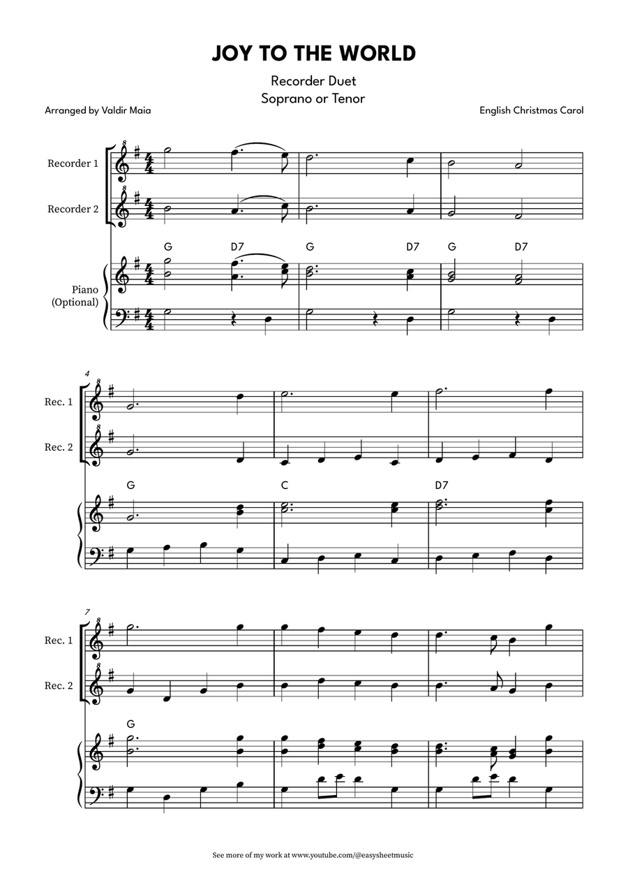 Joy to the World for Tenor Recorder Duet with Optional Piano Accompaniment Woodwind Duet scores gallery preview page 1