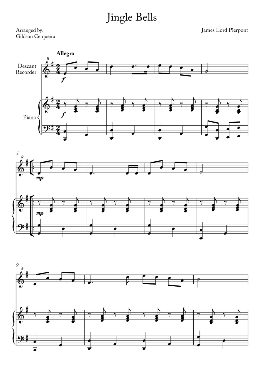 Jingle Bells Soprano Recorder scores gallery preview page 1