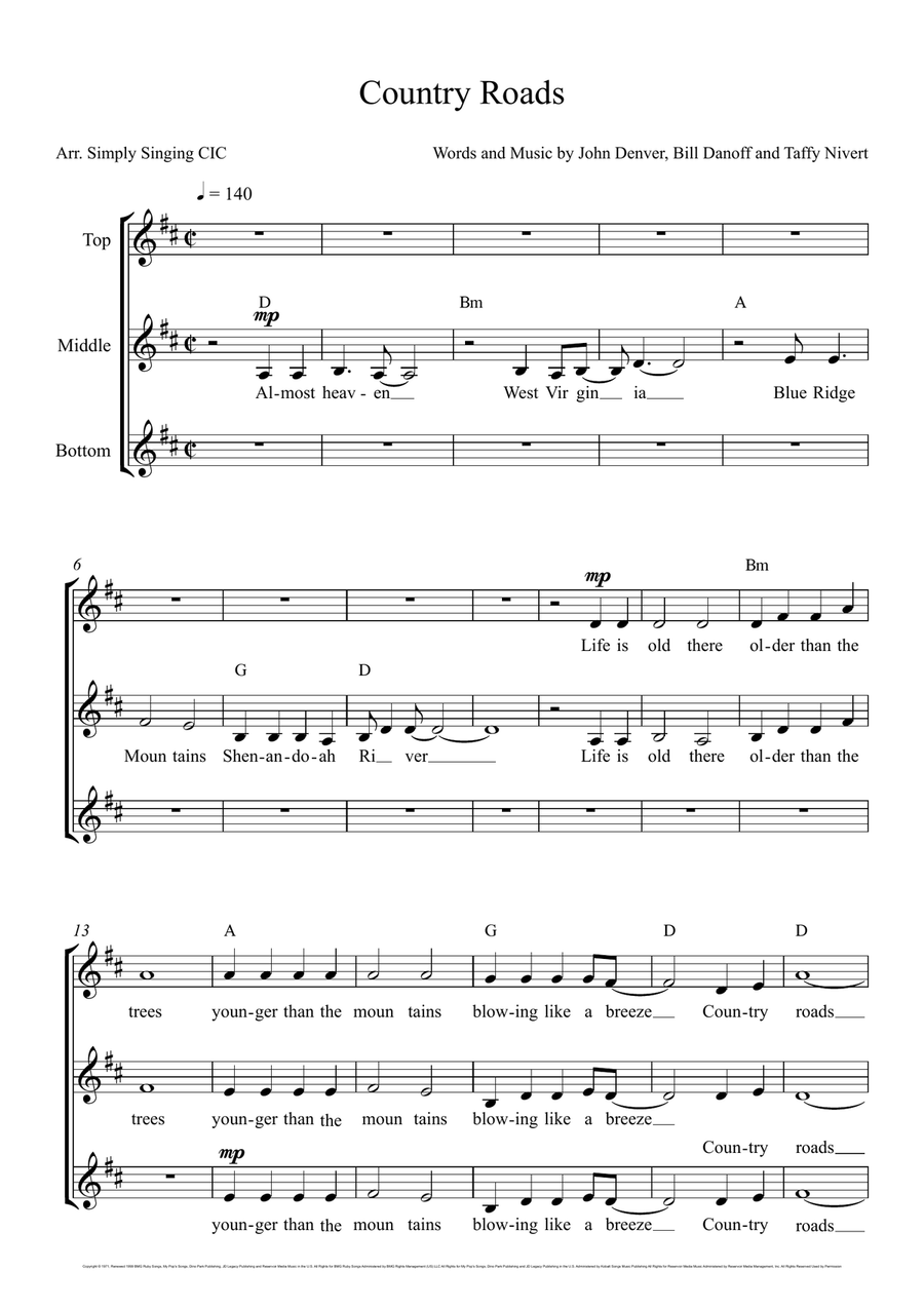 Take Me Home, Country Roads 3-Part scores gallery preview page 1