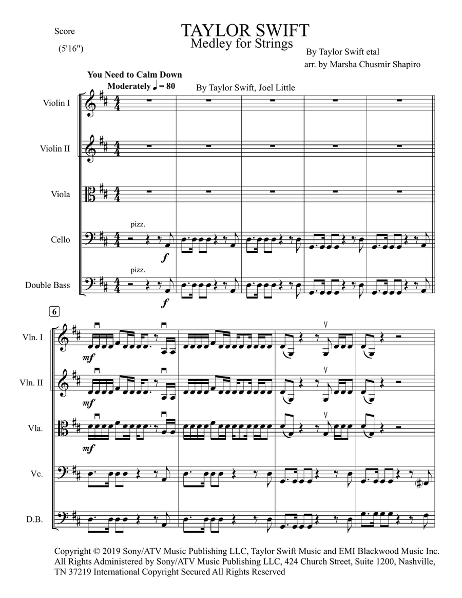Medley: You Need To Calm Down with Shake It Off, Change, and Back To December String Orchestra scores gallery preview page 1