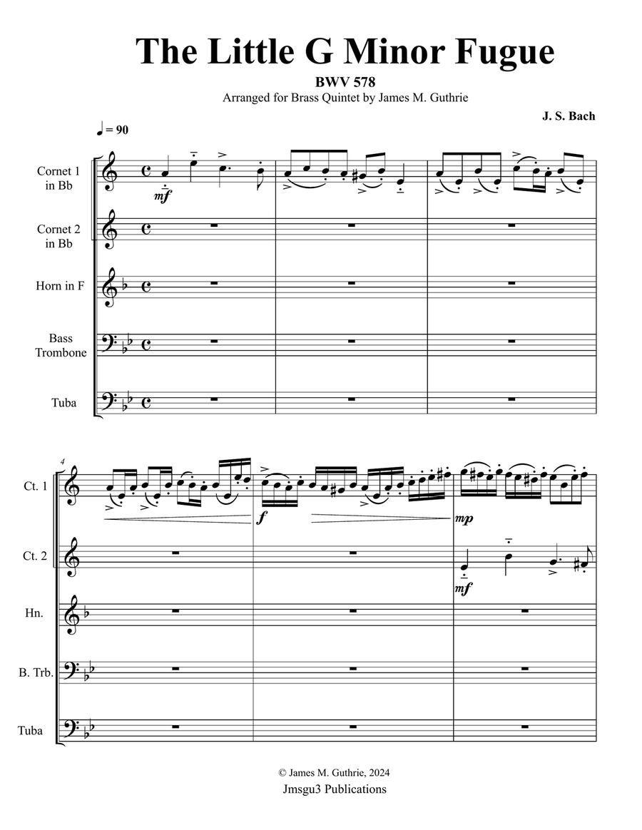 Bach: The Little Fugue in G Minor BWV 578 for Brass Quintet Brass Quintet scores gallery preview page 1