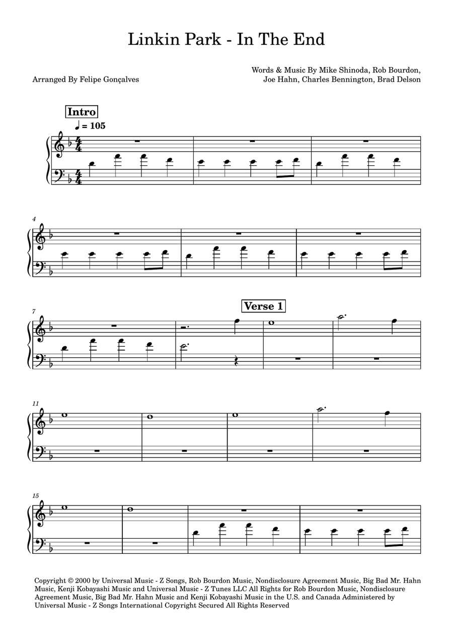 In The End In The End Easy Piano scores gallery preview page 1
