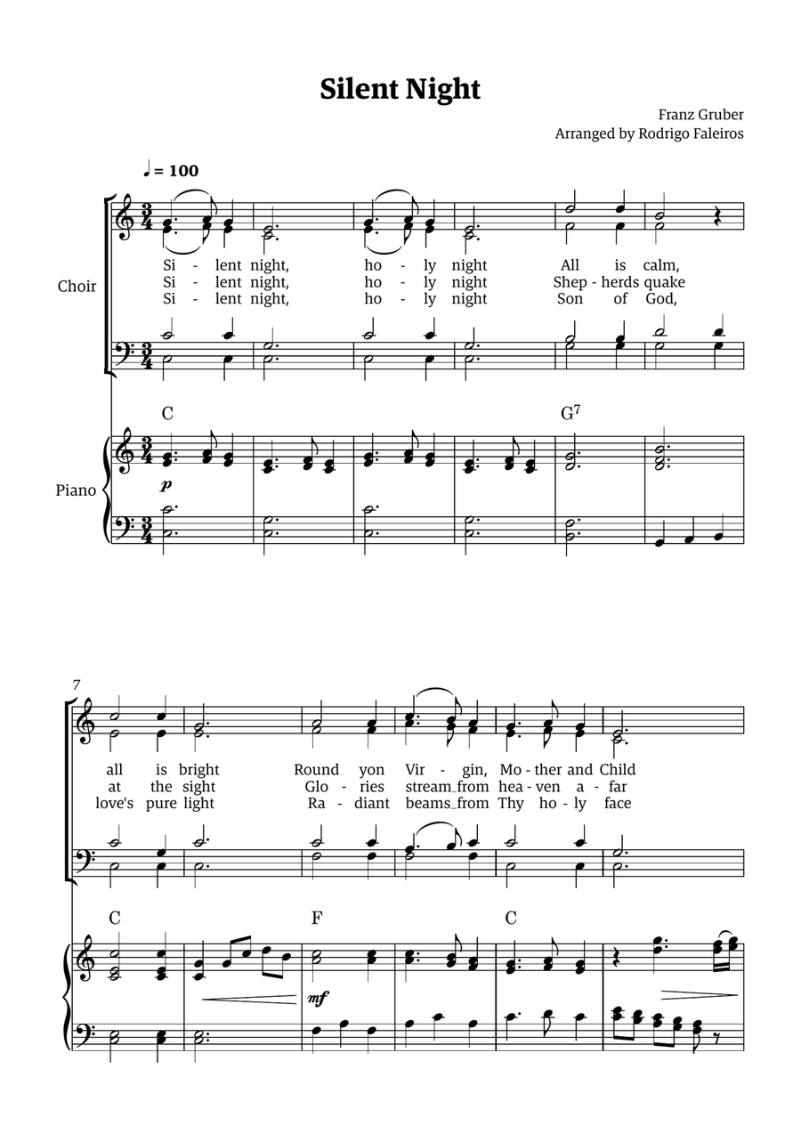Silent Night - for SATB Choir (with piano and chords) 4-Part scores gallery preview page 1