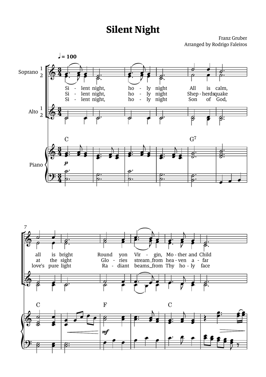 Silent Night - for SSAA Choir (with piano and chords) SSAA scores gallery preview page 1