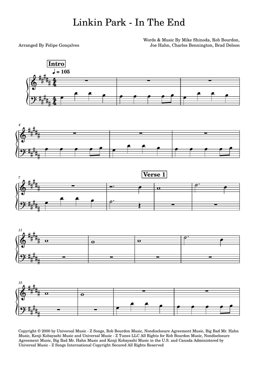 In The End In The End Easy Piano scores gallery preview page 1
