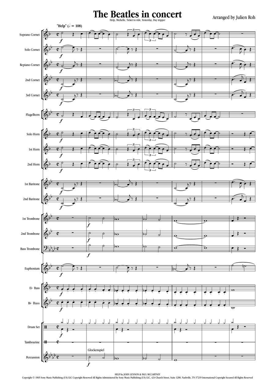 Medley: Help! with Michelle, Ticket To Ride, Yesterday, and Day Tripper Brass Band scores gallery preview page 1