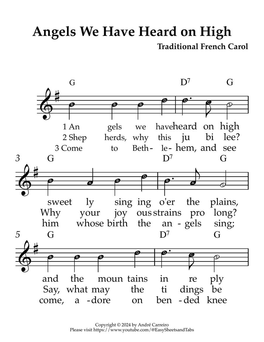 Angels We Have Heard on High - Melody with note Names (G Major) Piano scores gallery preview page 1