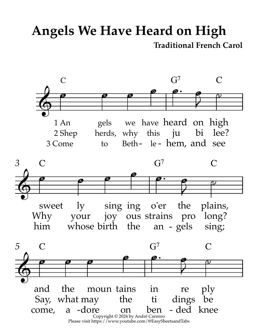Angels We Have Heard on High - Melody with note Names (C Major) Piano scores gallery preview page 1