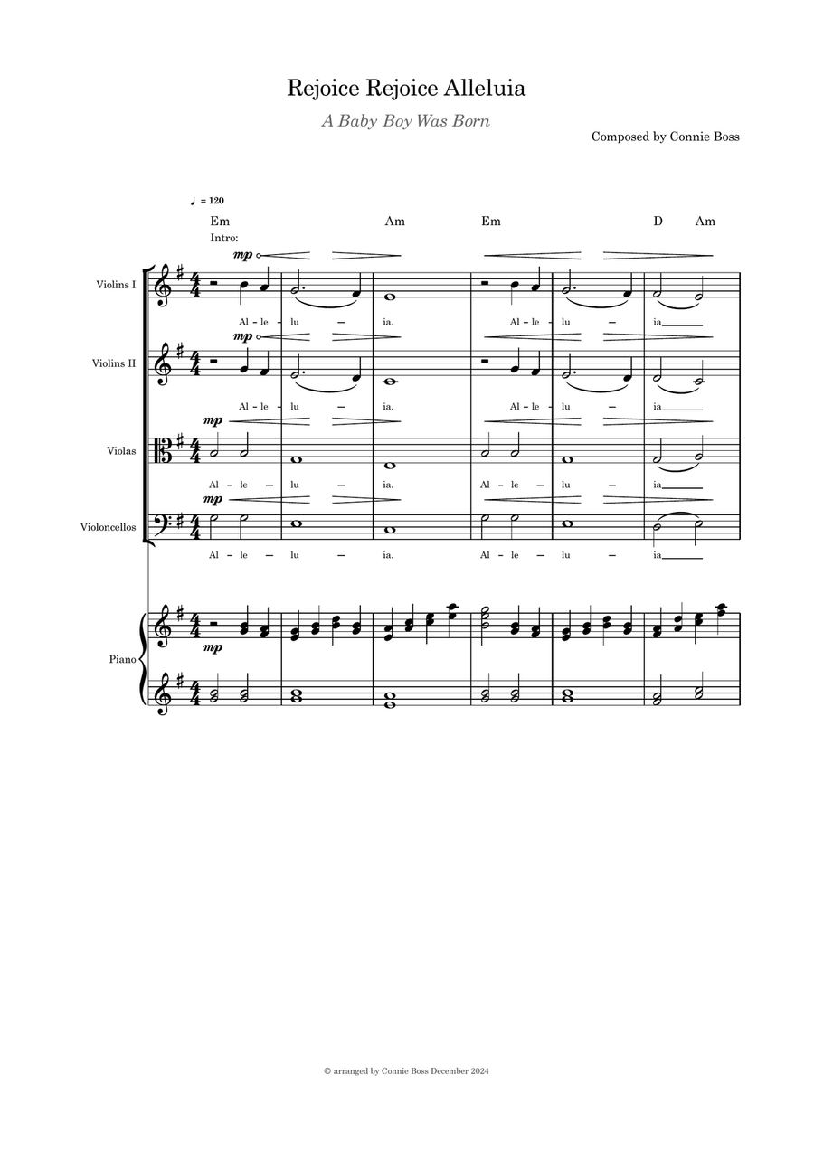 Rejoice Rejoice Alleluia (A Baby Boy Was Born) strings quartet with optional piano & with part pages Piano Quartet scores gallery preview page 1