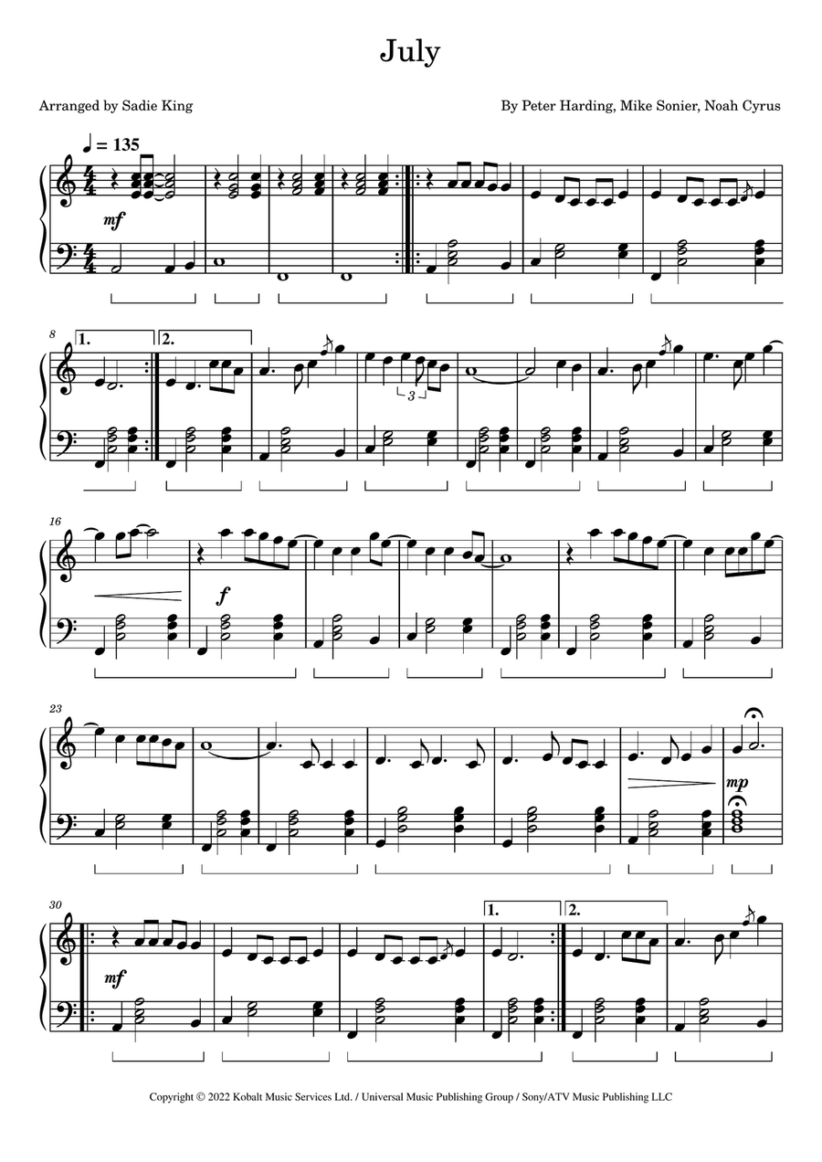 July July Easy Piano scores gallery preview page 1