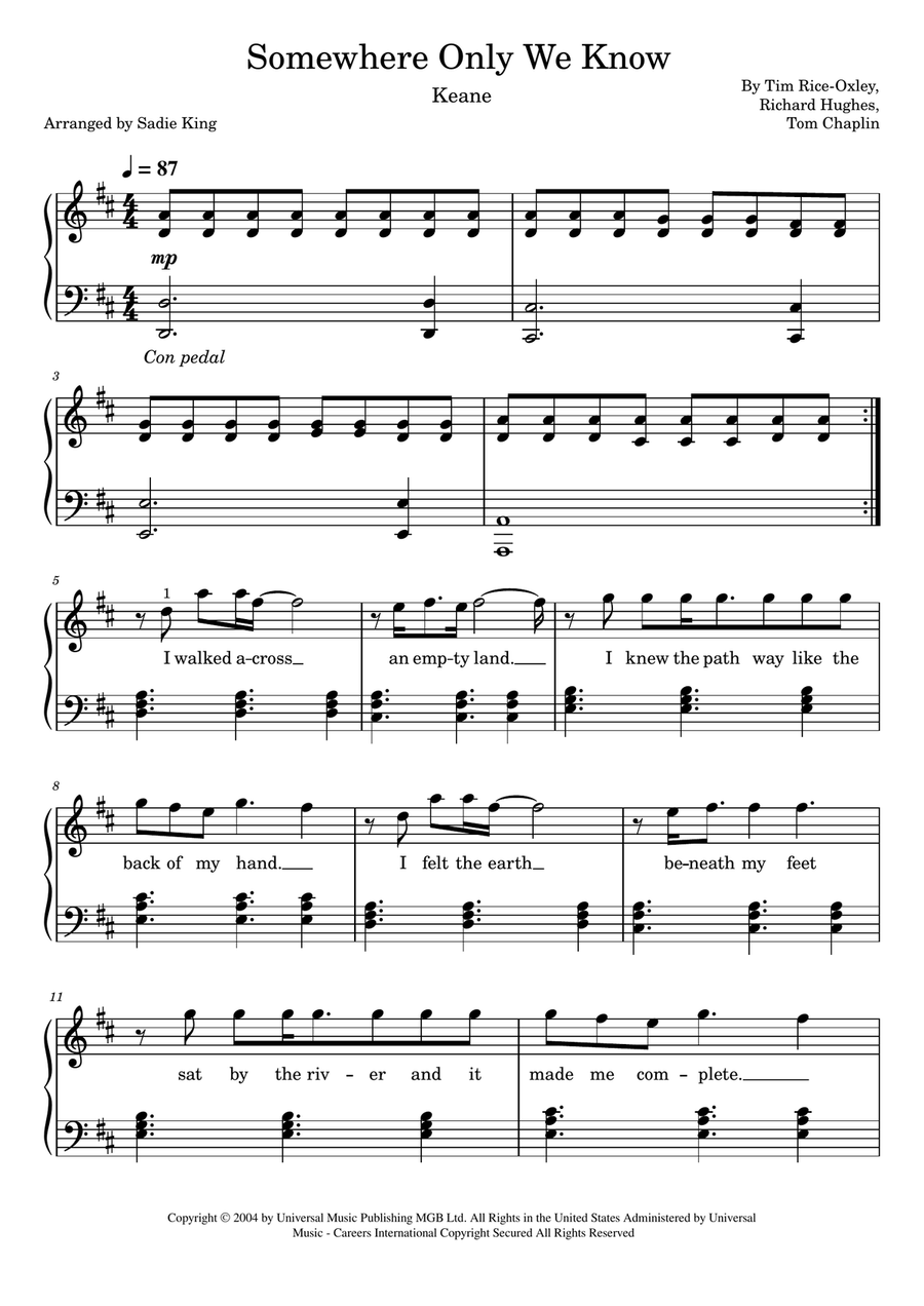 Somewhere Only We Know Somewhere Only We Know Piano Solo scores gallery preview page 1