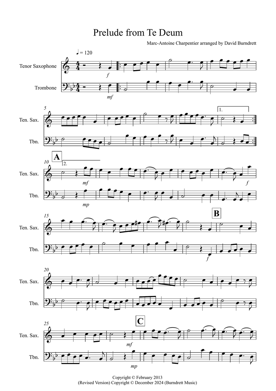 Prelude from Te Deum for Tenor Saxophone and Trombone Duet Trombone Duet scores gallery preview page 1