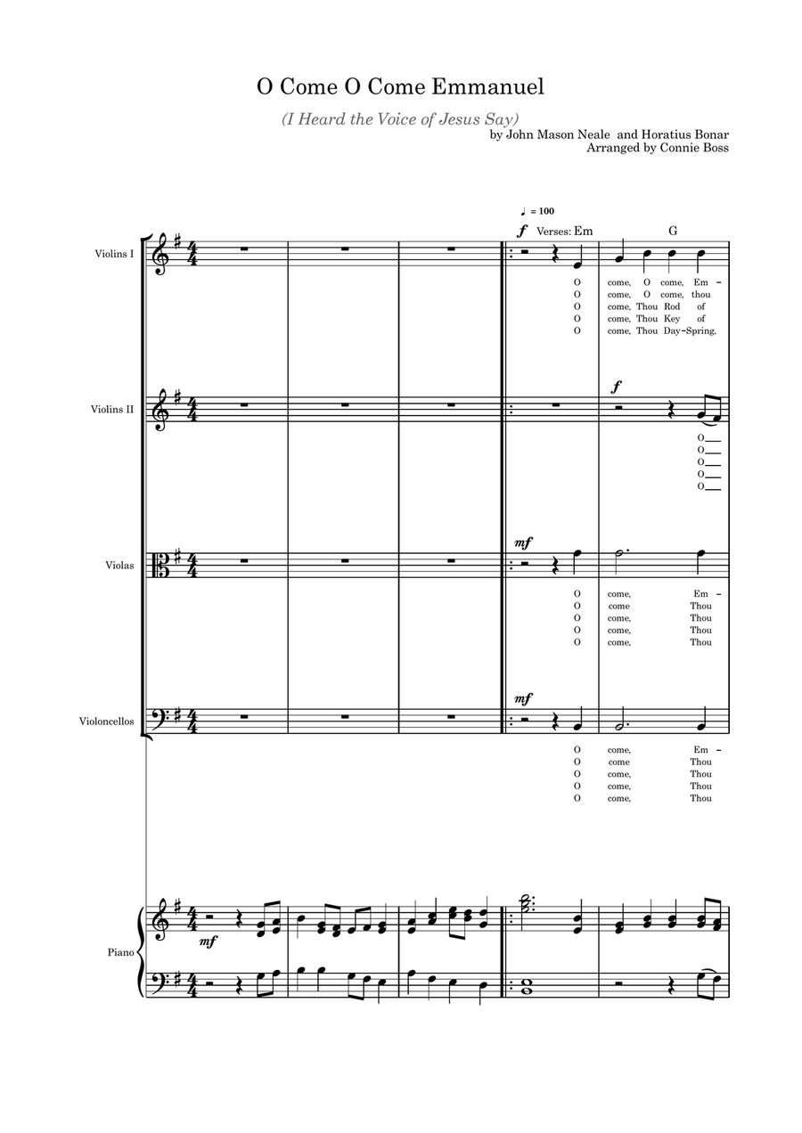 O Come O Come Emmanuel/I Heard the Voice of Jesus Say Strings and piano with parts pages Small Ensemble scores gallery preview page 1