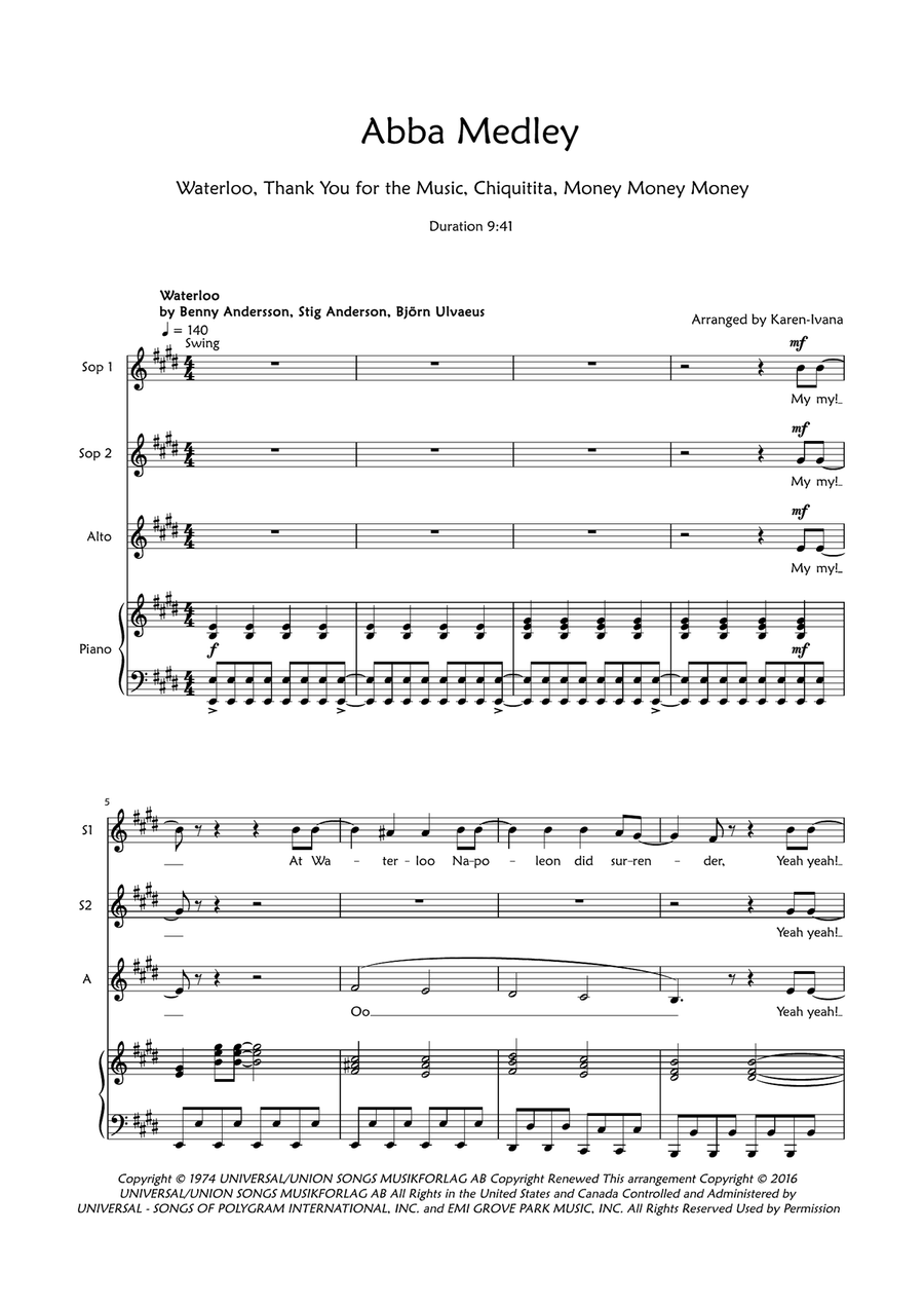 Medley: Waterloo with Thank You For The Music, Chiquitita, and Money, Money, Money SSA scores gallery preview page 1