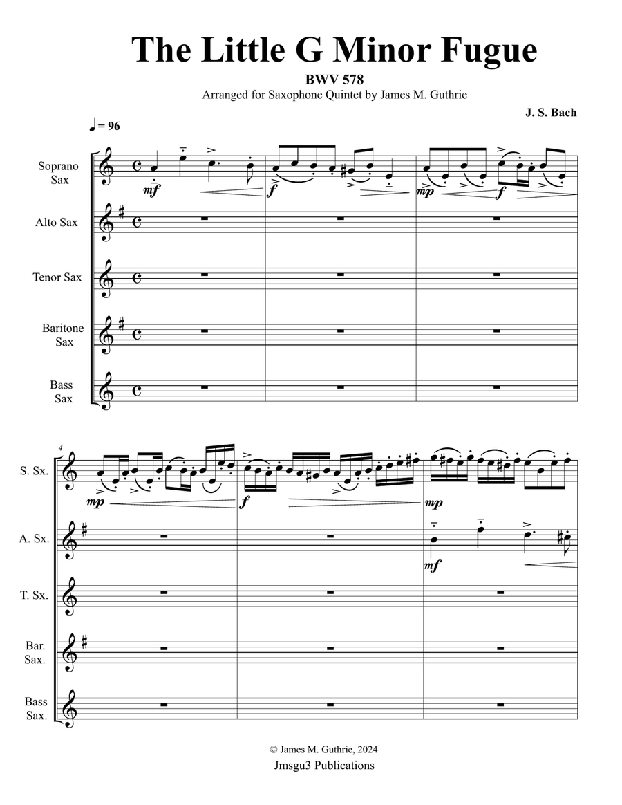 Bach: The Little Fugue in G Minor BWV 578 for Saxophone Quintet Saxophone Quintet scores gallery preview page 1