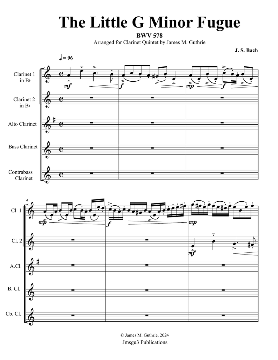 Bach: The Little G Minor Fugue BWV 578 for Clarinet Quintet Clarinet Quintet scores gallery preview page 1