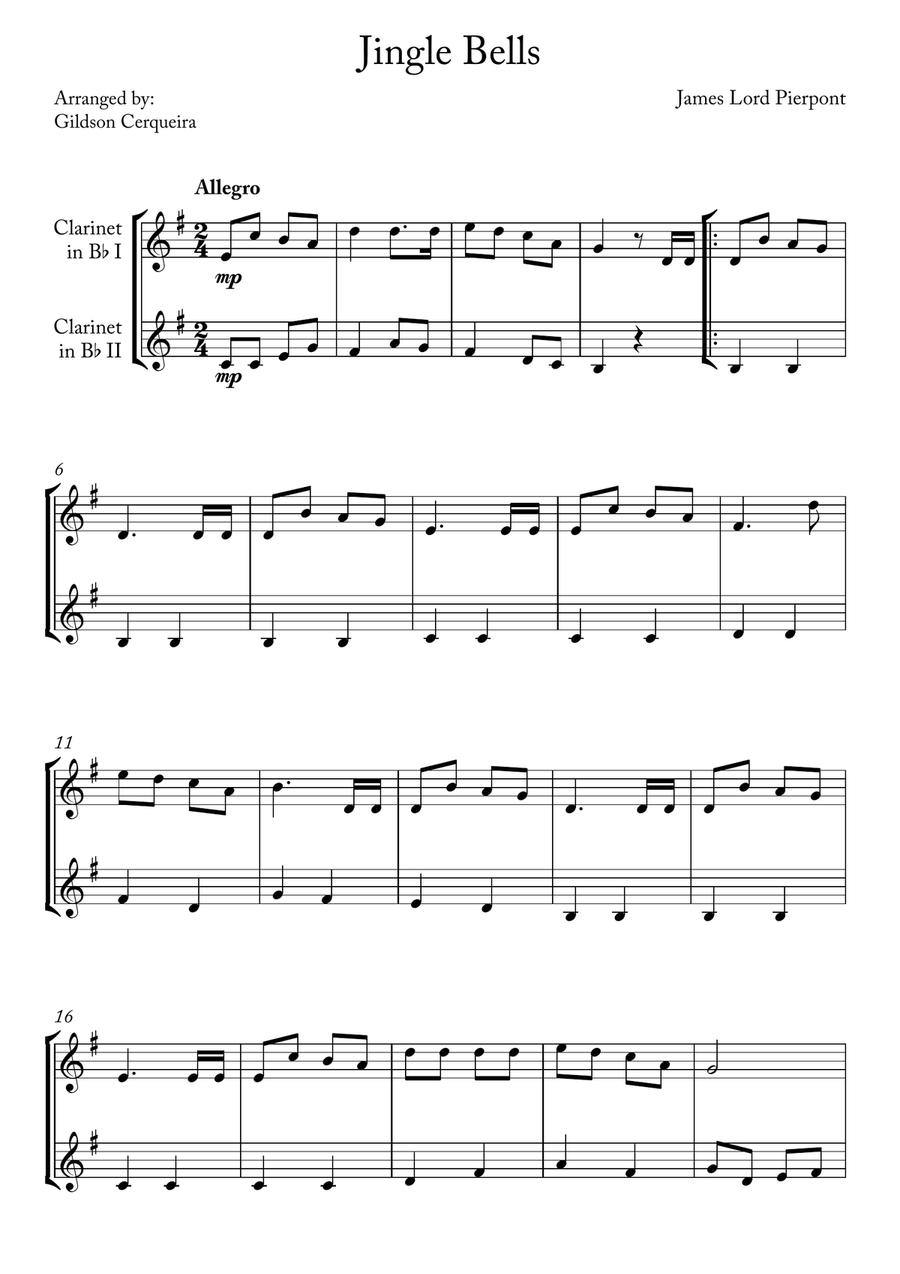 Jingle Bells Clarinet Duet scores gallery preview page 1