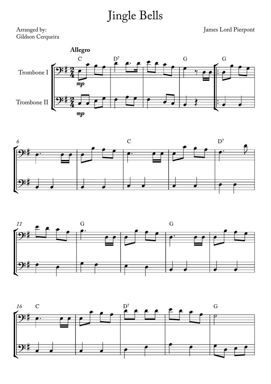 Jingle Bells Trombone Duet scores gallery preview page 1