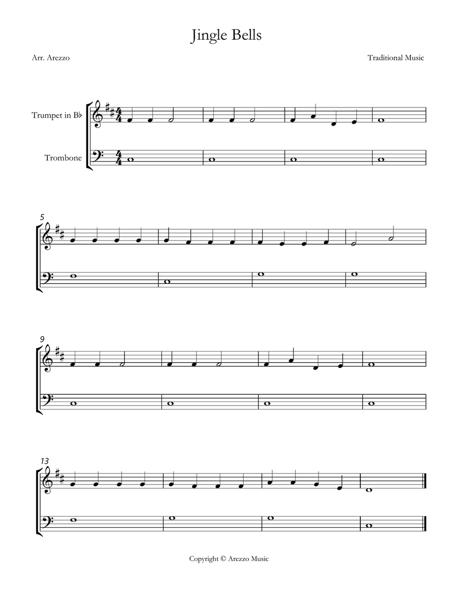 jingle bells easy Trumpet and Trombone sheet music for beginners Brass Duet scores gallery preview page 1