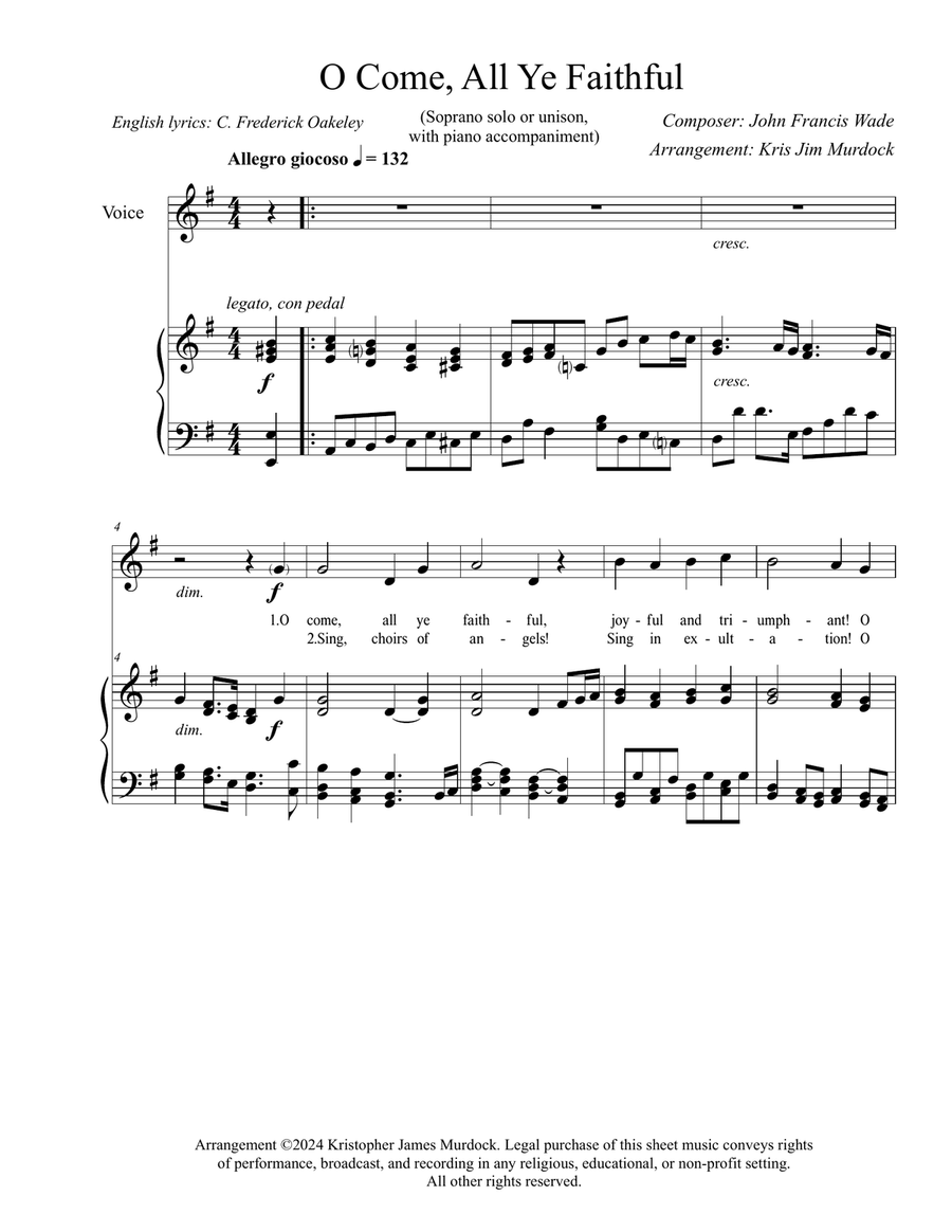 O Come, All Ye Faithful (soprano vocal solo or unison, with piano accompaniment) Unison Choir scores gallery preview page 1