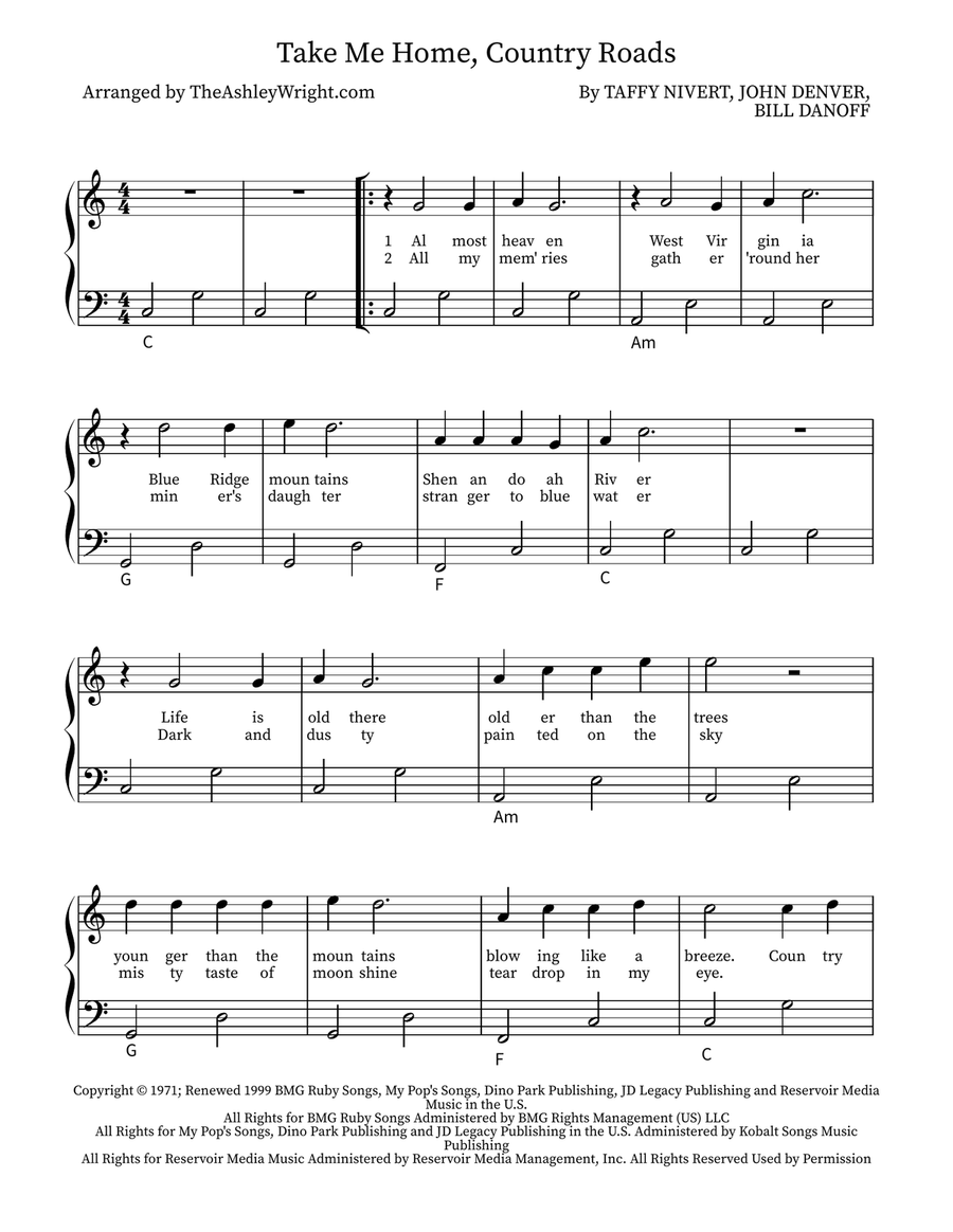 Take Me Home, Country Roads Easy Piano scores gallery preview page 1