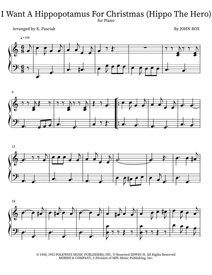 I Want A Hippopotamus For Christmas (Hippo The Hero) Piano scores gallery preview page 1