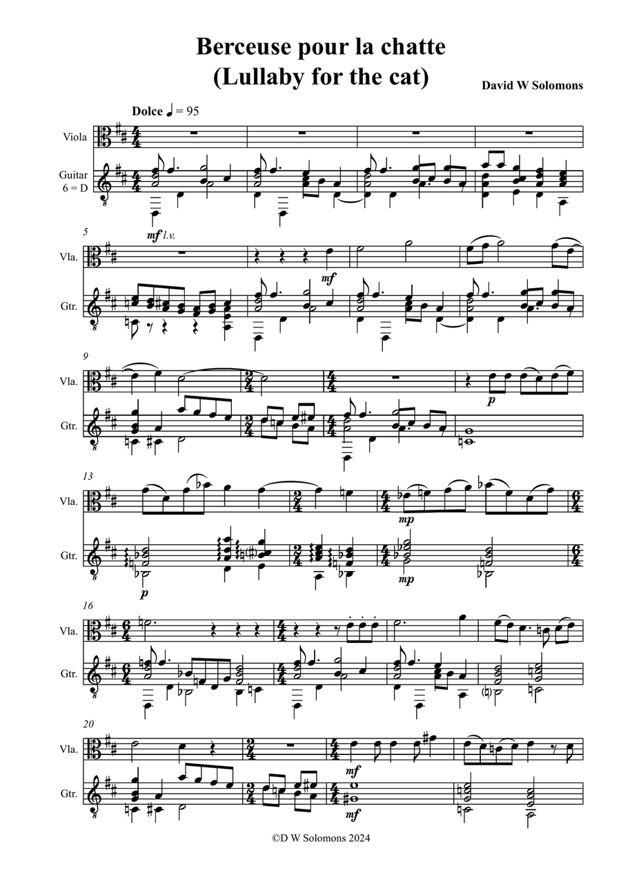 Berceuse pour la chatte (Lullaby for the cat) for viola and guitar String Duet scores gallery preview page 1