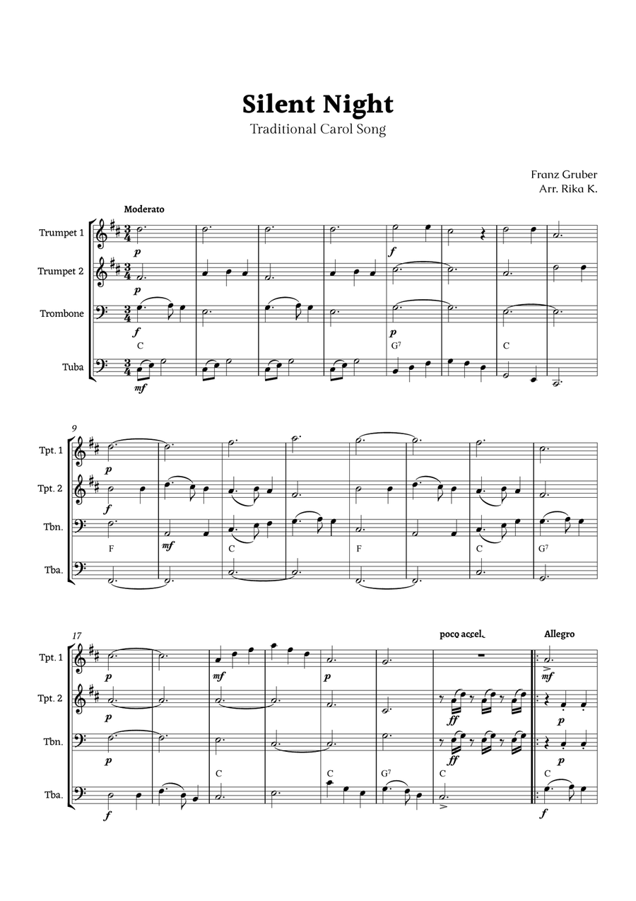 Silent Night for Brass Quartet Brass Quartet scores gallery preview page 1
