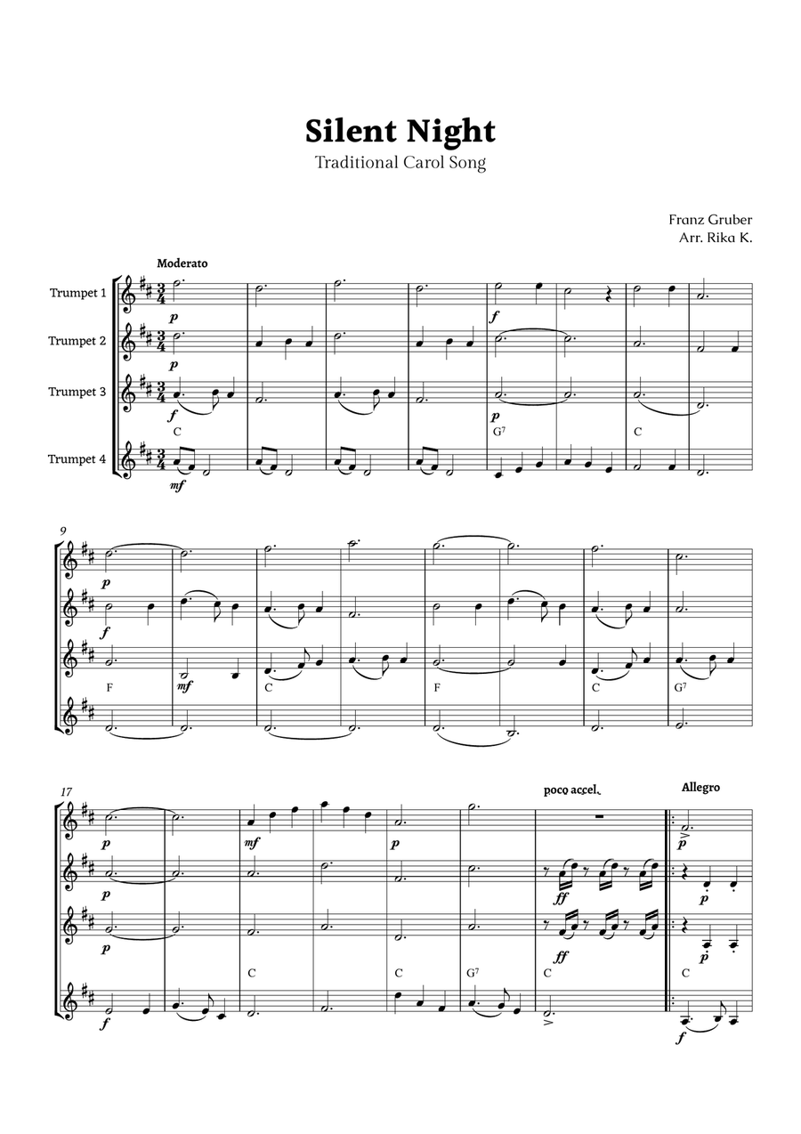 Silent Night for Trumpet Quartet Brass Quartet scores gallery preview page 1
