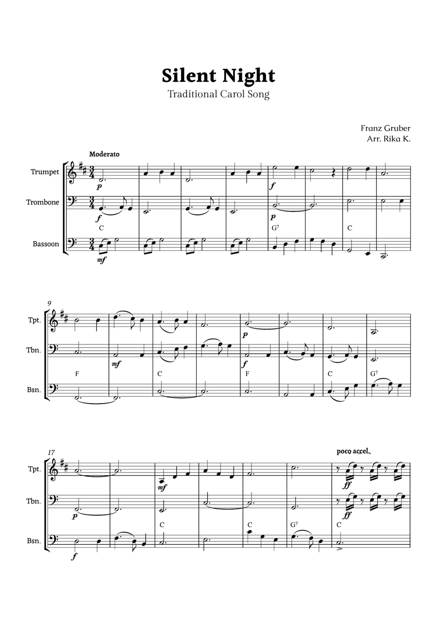 Silent Night for Brass Trio Brass Trio scores gallery preview page 1