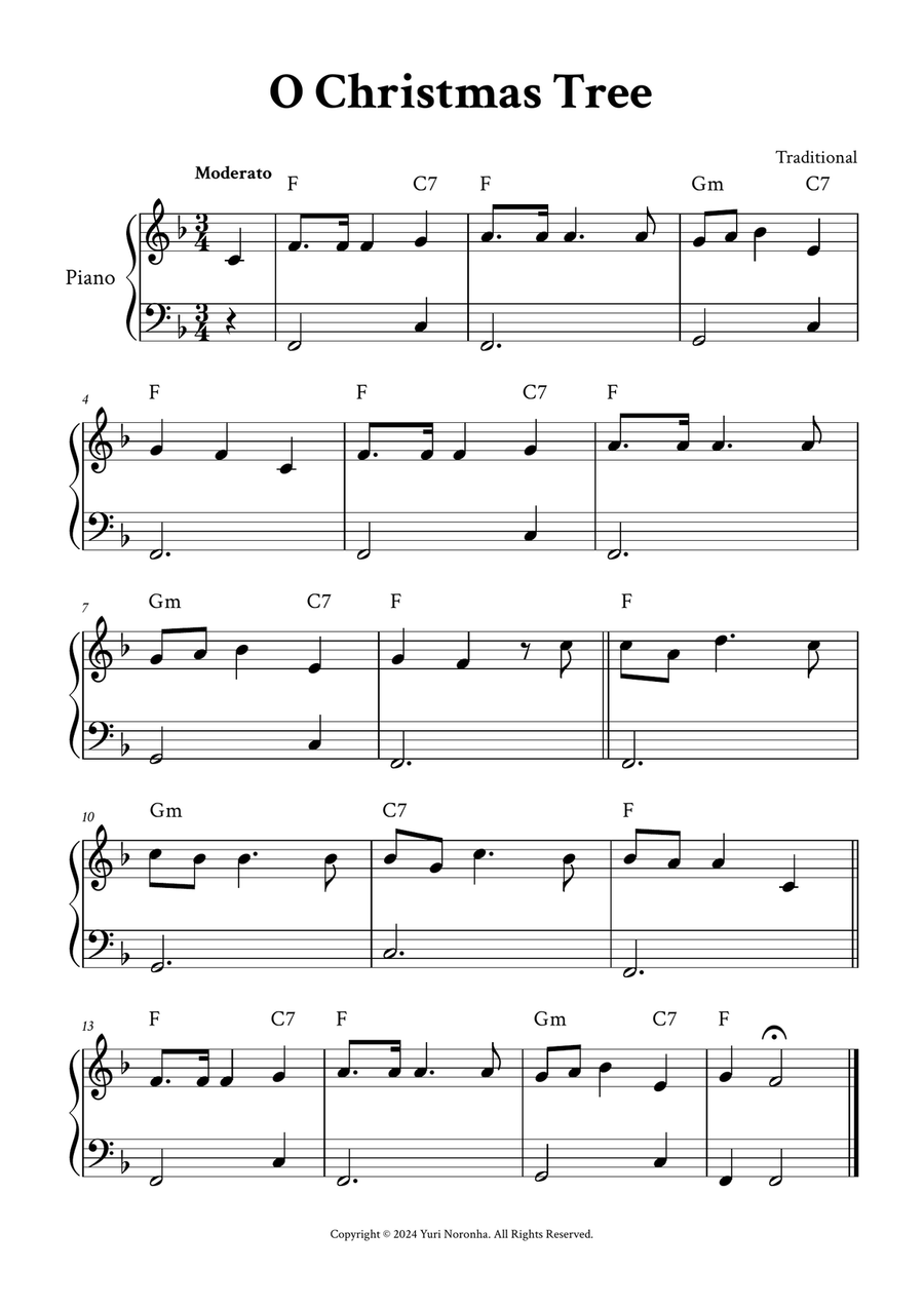 O Christmas Tree - Easy Piano in F (with Chords) Easy Piano scores gallery preview page 1