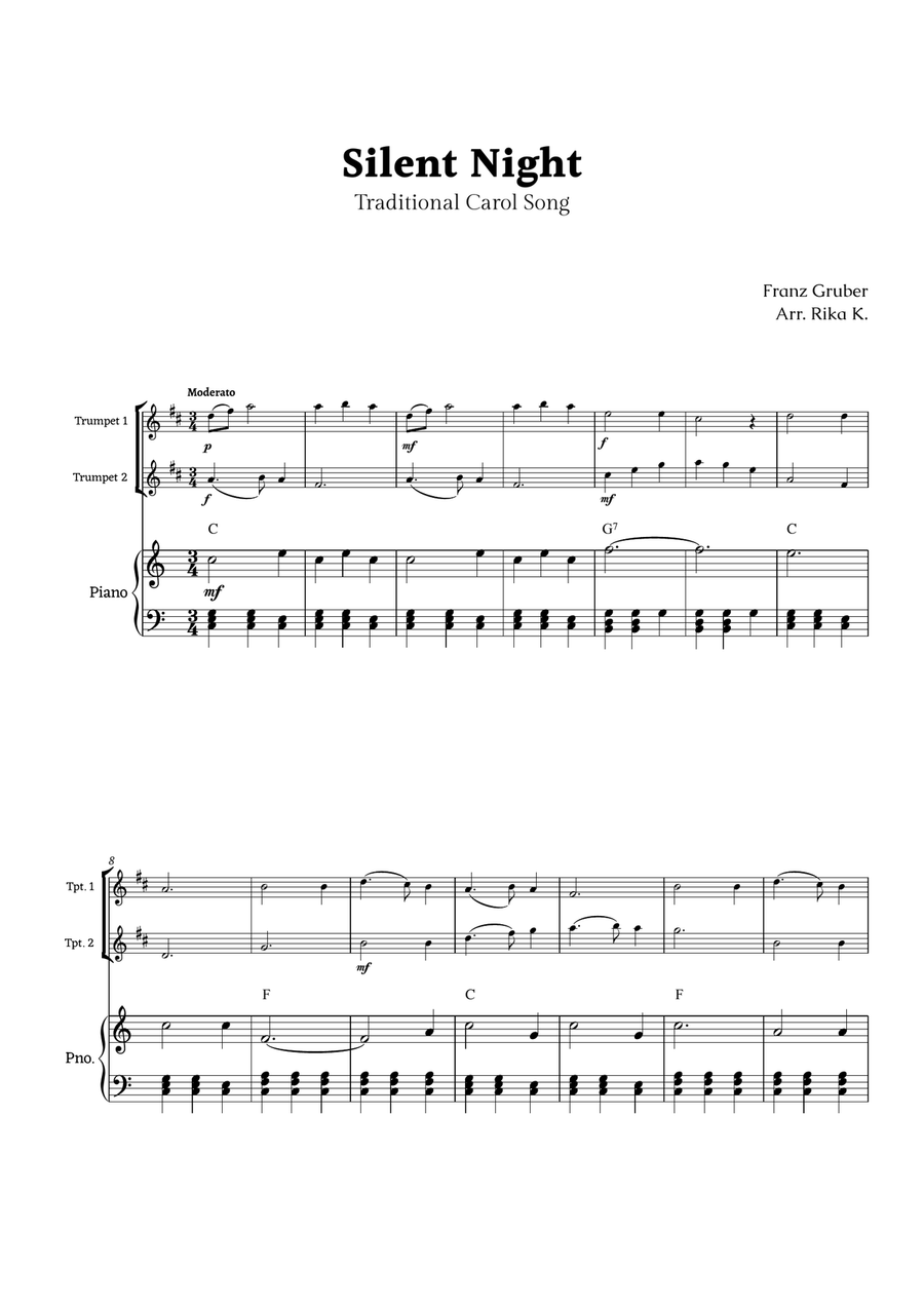 Silent Night for Trumpet Duet and Piano Trumpet Duet scores gallery preview page 1