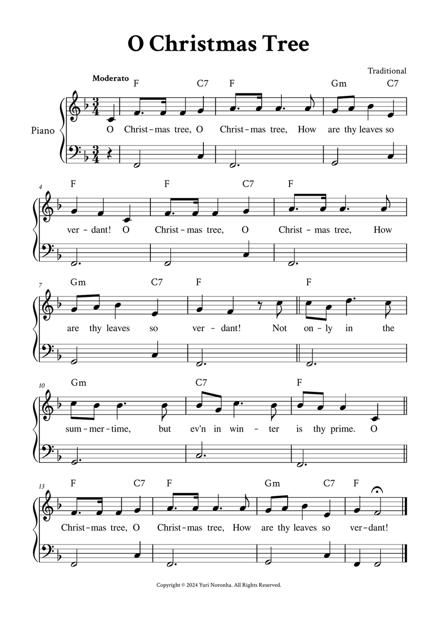 O Christmas Tree - Easy Piano in F (with Chords, Lyrics) Easy Piano scores gallery preview page 1