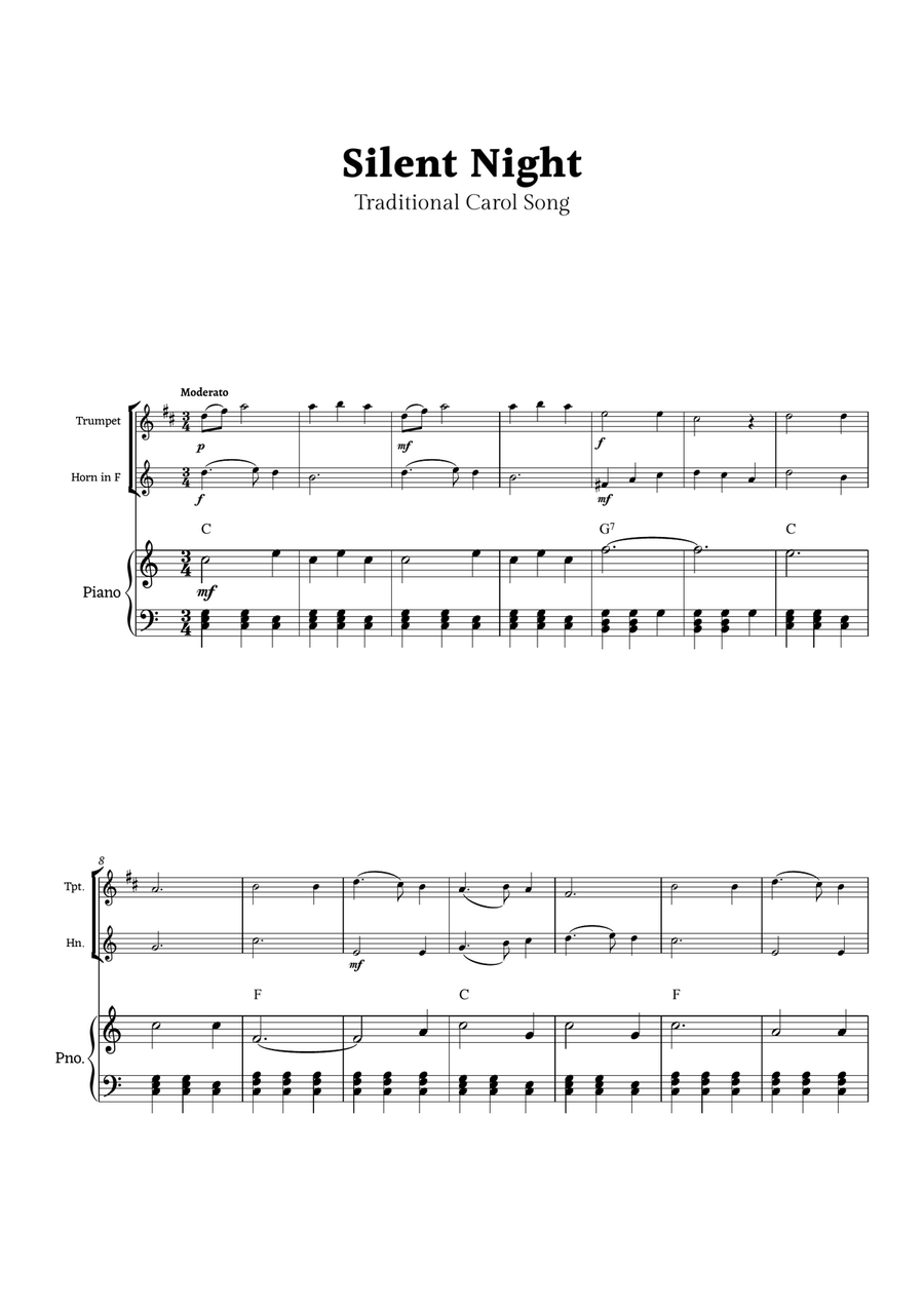 Silent Night for Trumpet and Horn Duet with Piano Brass Duet scores gallery preview page 1