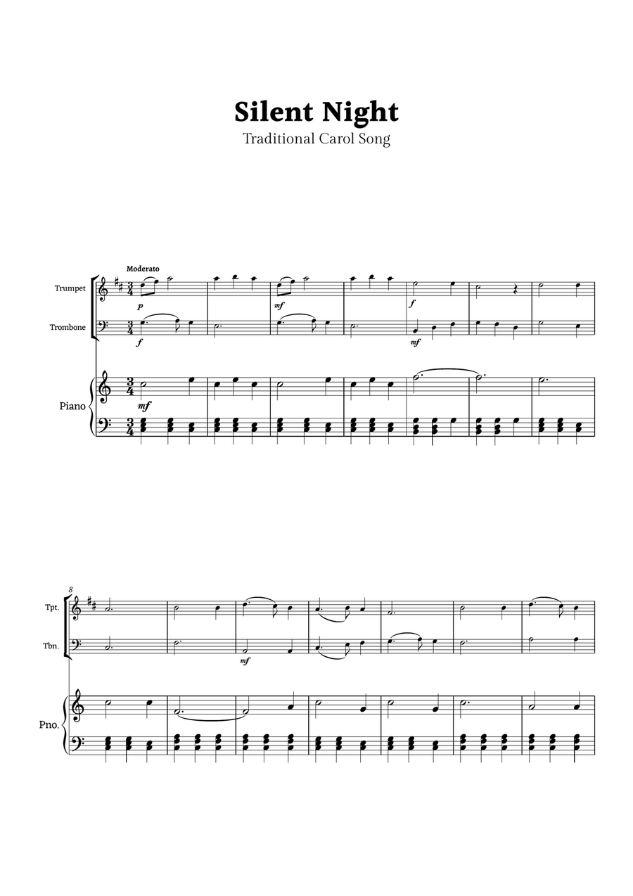 Silent Night for Trumpet and Trombone Duet with Piano Brass Duet scores gallery preview page 1