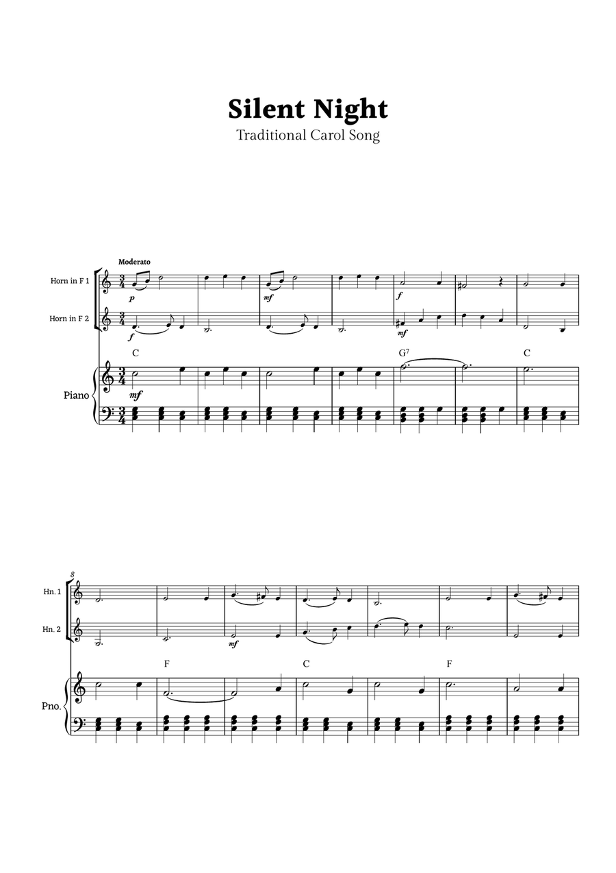 Silent Night for Horn Duet with Piano Brass Duet scores gallery preview page 1