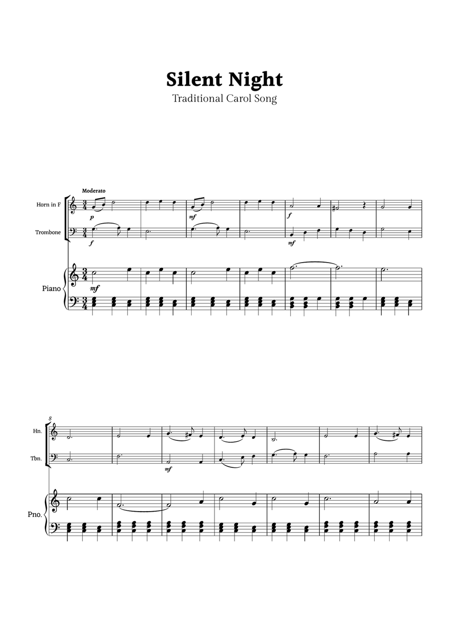 Silent Night for Horn and Trombone Duet with Piano Brass Duet scores gallery preview page 1