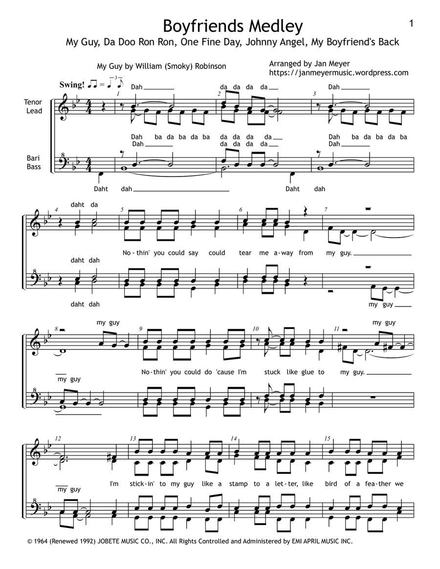 Medley: My Guy with Da Doo Ron Ron (When He Walked Me Home), One Fine Day, Johnny Angel, and My B... SSAA scores gallery preview page 1