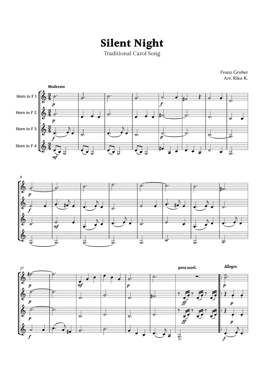 Silent Night for Horn Quartet Brass Quartet scores gallery preview page 1