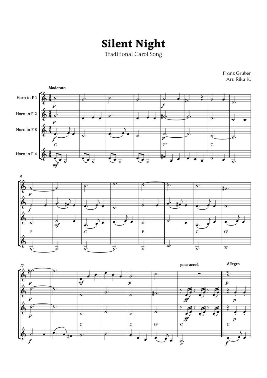 Silent Night for Horn Quartet Brass Quartet scores gallery preview page 1
