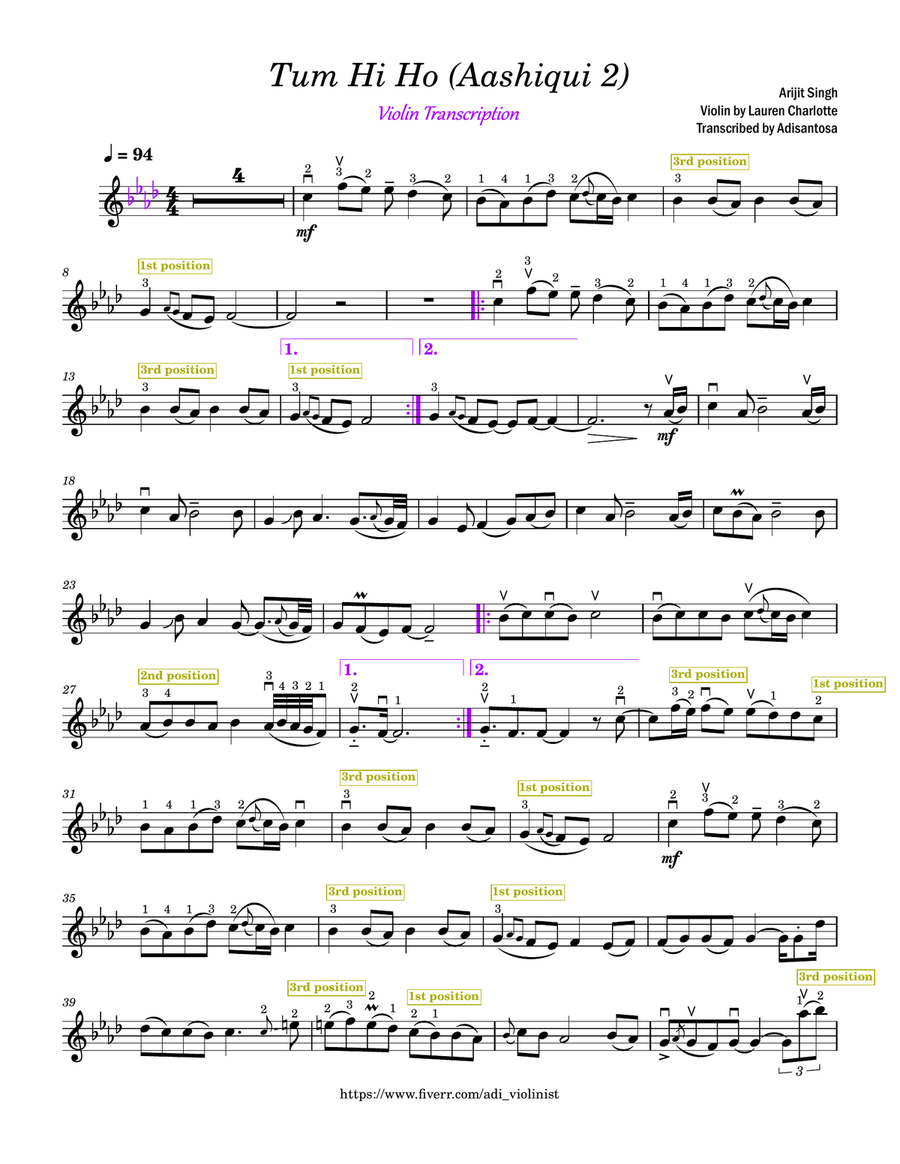 Tum Hi Ho Tum Hi Ho Violin Solo scores gallery preview page 1