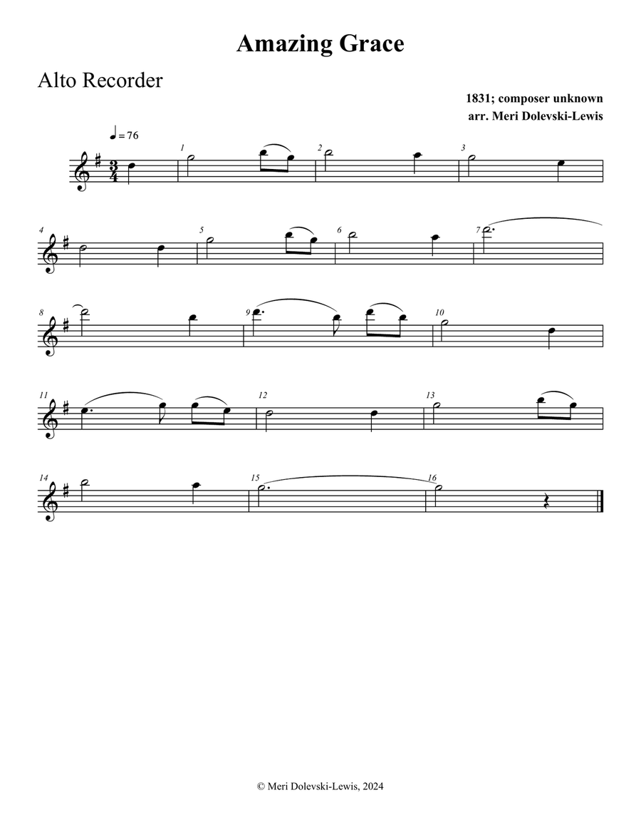 Amazing Grace: for treble (alto) recorder in F and piano Alto Recorder scores gallery preview page 1