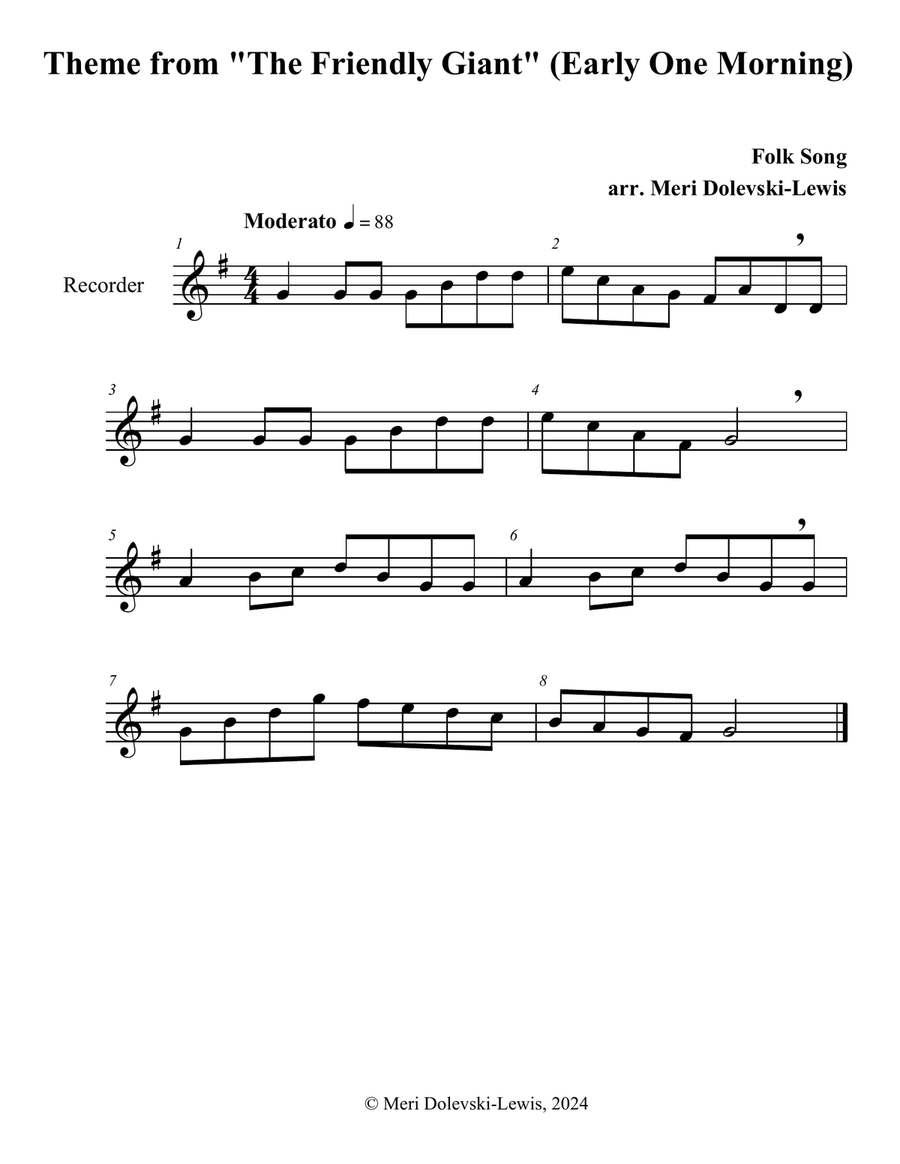 Theme from The Friendly Giant (Early One Morning) Recorder scores gallery preview page 1