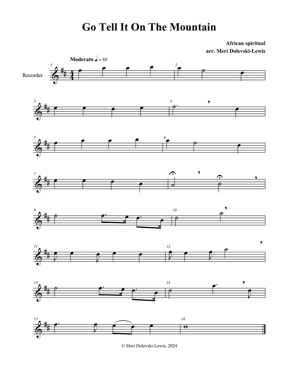 Go tell it on the mountain Recorder scores gallery preview page 1