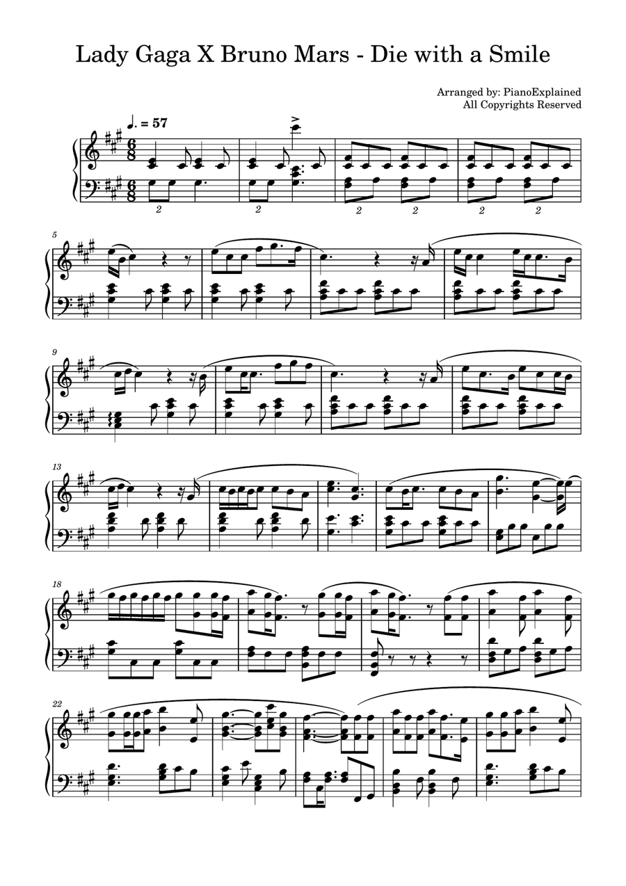 Die With A Smile Piano Solo scores gallery preview page 1