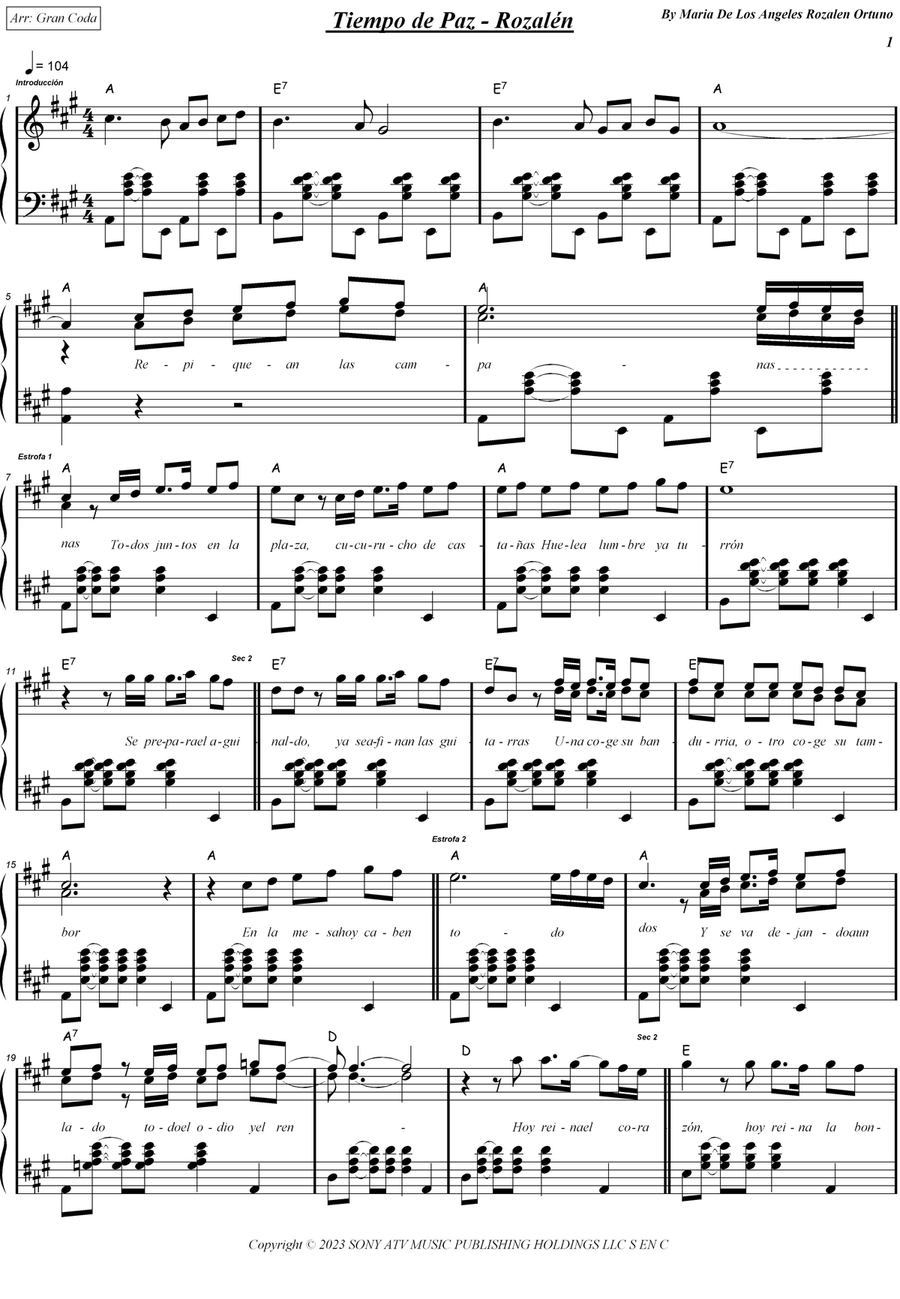 Tiempo De Paz Tiempo De Paz Piano Solo scores gallery preview page 1