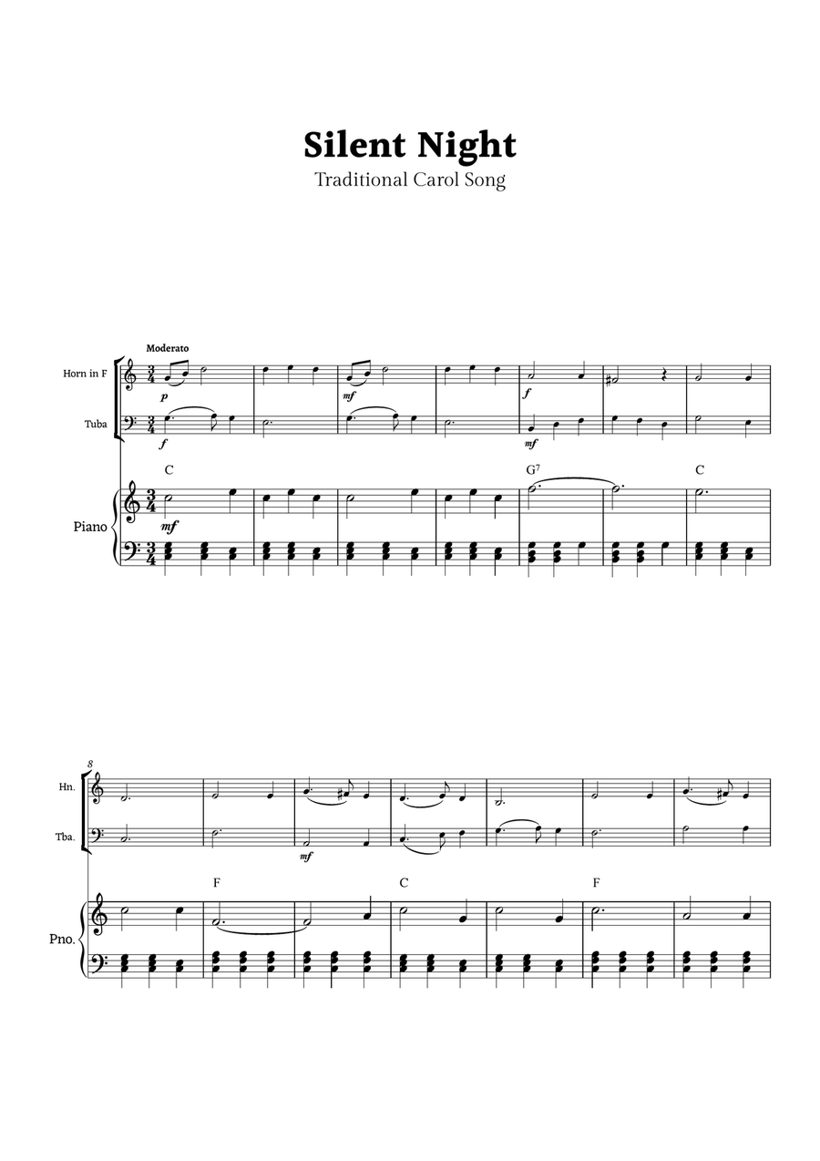 Silent Night for Horn and Tuba Duet with Piano Brass Duet scores gallery preview page 1